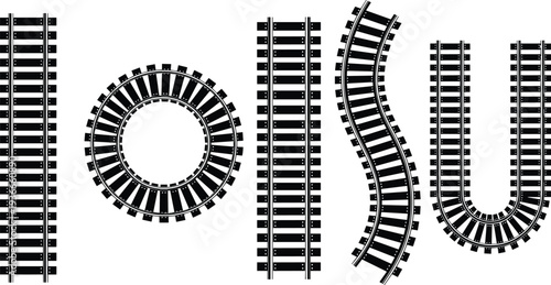 Railway Tracks Silhouettes Vector Set Featuring Straight Curved Circular and Junction Rail Lines for Transportation Infrastructure and Train Route Design