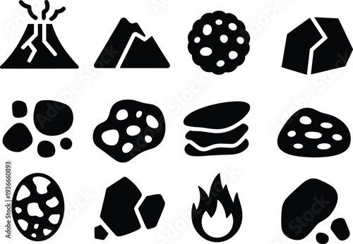 Rock stone and geological elements icon collection with volcano mountains minerals fossils and fire simple silhouette vector set