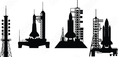 Rocket launch pad and space shuttle silhouettes collection, aerospace engineering structures, spacecraft assembly towers, space exploration concept isolated on white background
