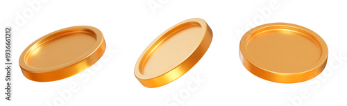 3D set realistic golden coins with different angles.  Symbol of gold and wealth. Stock vector illustration on isolated background.