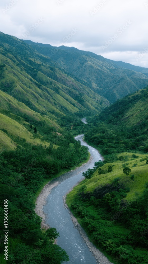 Fototapeta premium Serene Winding River Flowing Through Lush Green Valley Landscape with Mountains