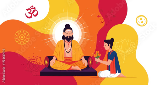 Guru Blessing Disciple: Spiritual Guru Meditating, Disciple Offers Flowers, Om Symbol, Lotus