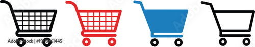 Shopping cart icon set in different styles and colors, ecommerce trolley symbols collection, retail purchase concept isolated on white background