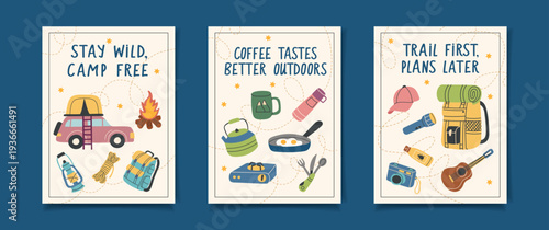 Set of camping posters with travel objects4. Vector flat collection of cards. The concept of travel, camping, hiking and outdoor recreation.