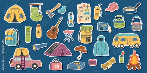 Set of camping and travel stickers objects. Vector flat cliparts. The concept of travel, camping, hiking and outdoor recreation.