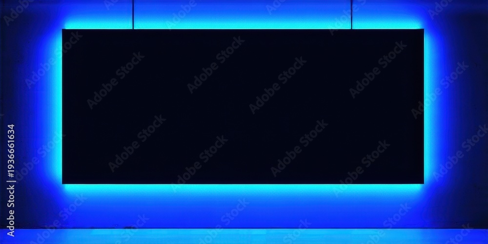 Fototapeta premium Rectangular panel illuminated with bright blue light. Dark background creates strong contrast, modern aesthetic. Minimalist design.