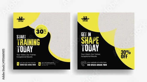 gym fitness workout advertising templates including social media post design, square flyer poster, promotional banner ads and web banner layouts for fitness club marketing