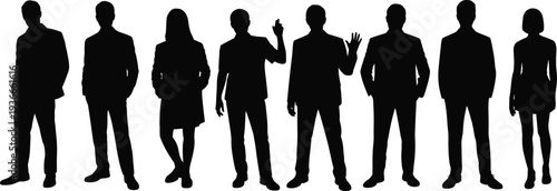 Silhouette illustrations of diverse business professionals standing together in corporate attire representing teamwork workplace diversity human resources and organizational design projects