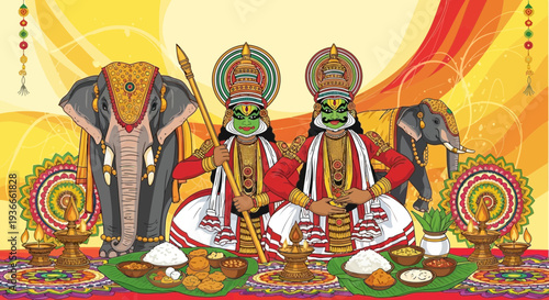 Kathakali Dancers and Elephants: Kerala Cultural Performance with Traditional Feast
