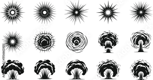 Explosion icons set, comic blast effects, nuclear mushroom cloud silhouettes, energy burst symbols, dramatic explosion illustration collection