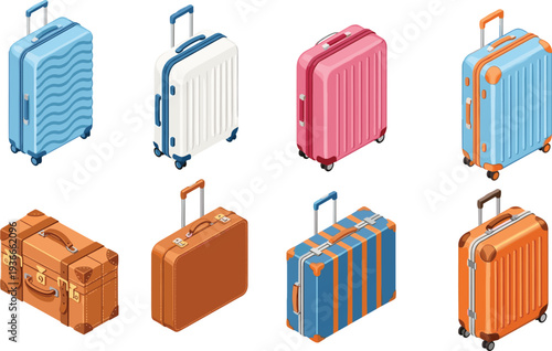 Travel luggage suitcase collection colorful hard and soft bags with wheels vector illustration for tourism vacation journey baggage design isolated set