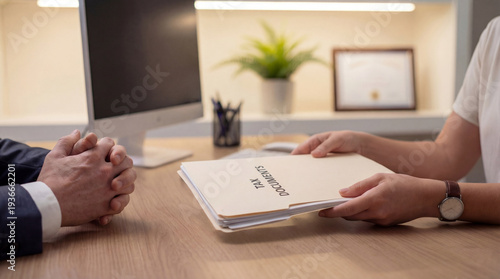 Tax documents meeting at office desk. Hands pass tax documents folder to client during accountant consultation, paperwork for filing deadline, audit concept, business services, marketing banner