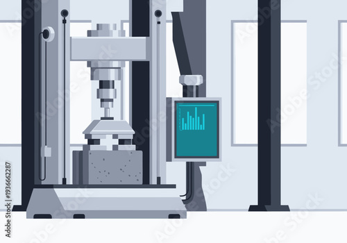A concrete strength lab test showcases a hydraulic press and data display. Modern, industrial setting. Ideal for engineering, construction, and material science visuals.