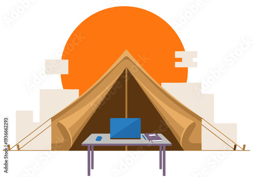 A creative glamping office setup features a tent with a laptop and workspace. Ideal for remote work, outdoor productivity, and modern lifestyle visuals.