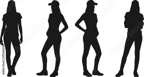 Young Woman Standing Poses Silhouette Set Fashion Female Model Casual Outfit Cap Confident Girl Body Postures Vector Illustration Isolated