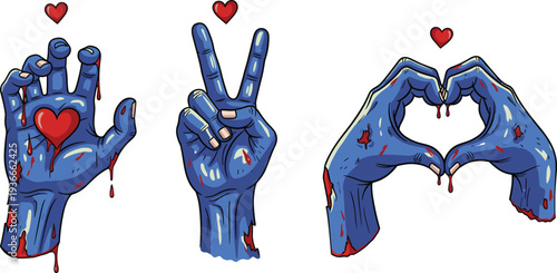 Zombie hands with hearts cartoon set showing love, peace and heart gesture, spooky horror character illustration, creepy yet cute design for Halloween graphics