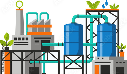 Industrial bio-infra water treatment plant illustration. Modern, clean design showcases sustainable water management. Ideal for environmental or industrial themes.