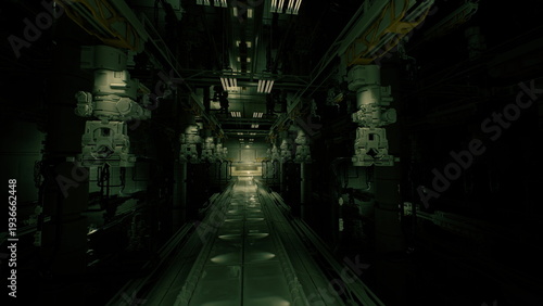 operational transit artery with illuminated maintenance bay, long reflective floor and symmetrical machinery, muted green palette conveys industrial efficiency
