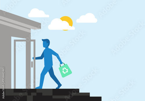 A man carries an eco-friendly shopping bag, exiting a building on a sunny day. Modern, bright, and promoting sustainable shopping.
