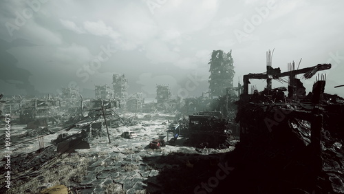 ragged outpost on ruined skyline edge with tents and makeshift watchtower, salvage crates and fluttering flag signaling resilience settlement hints, solar