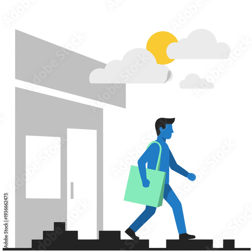 A man carries an eco-friendly shopping bag while walking towards a store on a sunny day. Modern, bright, and optimistic.