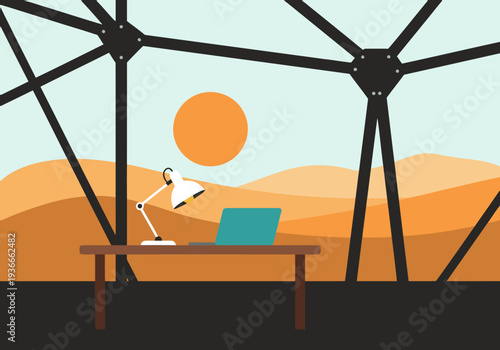 A minimalist desert workspace features a laptop, lamp, and desk under a geodesic dome. Warm colors and a serene landscape create a productive and stylish setting.