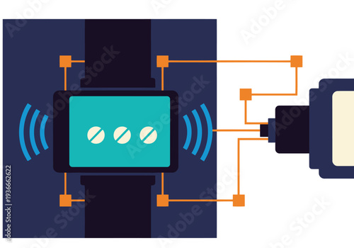 Modern wearable medical tech illustration. A smartwatch displays data, connected to a sensor. Clean, digital design with blue and orange accents. Ideal for health & technology concepts.