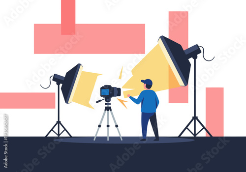 A photographer interacts with a creator during a photo meet gear session. Bright studio lighting illuminates the scene. Professional and engaging.