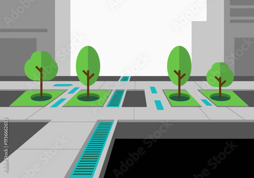 Modern urban landscape featuring green trees and smart infrastructure. Clean design, bright colors, and a focus on sustainable city planning. Ideal for tech and urban concepts.