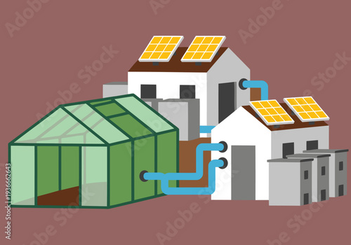 An off-grid homestead system showcases solar panels, a greenhouse, and a house, connected by pipes. A modern, sustainable lifestyle illustration.
