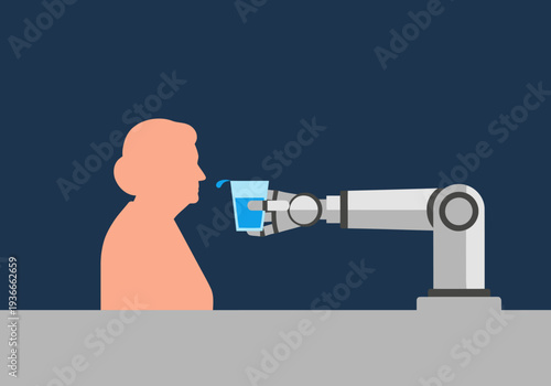 A robotic arm gently offers a glass of water to an elderly person. Illustrative design showcasing robot daily care assistance. Modern, clean aesthetic.
