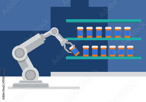 A robotic arm retrieves medicine bottles from a shelf, showcasing automated pharmacy organization. Modern, clean, and visually appealing for healthcare or technology concepts.