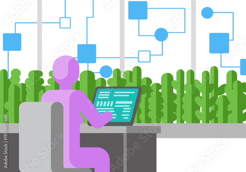 A professional works on a laptop in a modern co-working space, surrounded by greenery.  Clean lines and a bright, tech-focused aesthetic.  Ideal for business and remote work visuals.