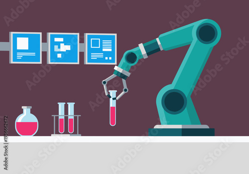 A robotic arm performs lab care, interacting with beakers and tubes in a modern, clean laboratory setting.  Illustrative and visually appealing.