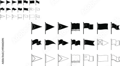 flags, flag, pennant, banner, waving, silhouette, outline, collection, set, symbols, signal, nautical, decorative, icon, illustration, vector, design, isolated, template, elements