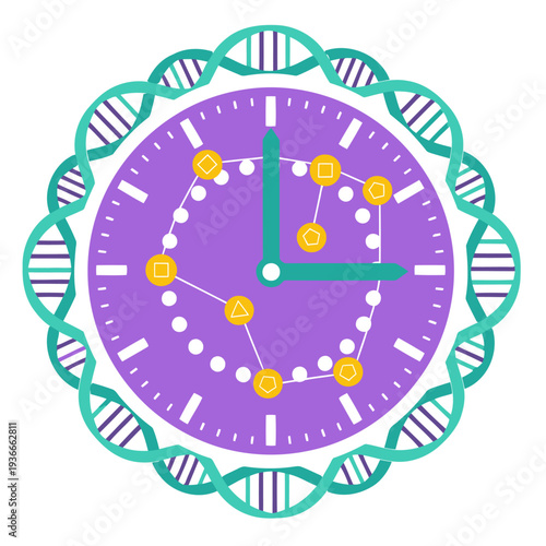 A stylized clock featuring DNA strands and epigenetic data displays time. Modern, vibrant design with a scientific and biological theme. Ideal for health, science, or technology visuals.