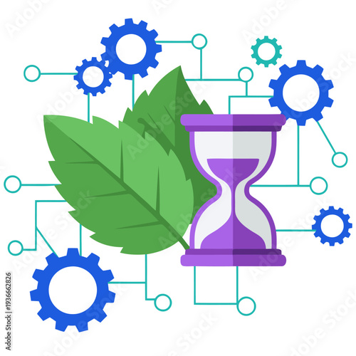 A stylized graphic combines an hourglass, gears, and a leaf, representing longevity and bio-age tech. Modern, vibrant colors and a clean design create a visually appealing concept.