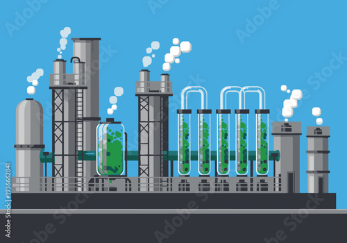A stylized illustration depicts an algae bio reactor facility with green algae tanks. Industrial design, modern aesthetic, and clear composition for commercial use.