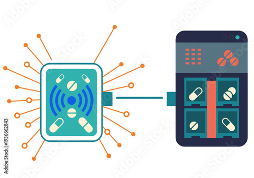 A stylized graphic depicts a smartwatch connected to a medication dispenser, showcasing wearable med tech integration. Modern, digital, and informative design.
