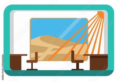 A sustainable office pod offers a tranquil desert view, promoting focus and well-being. Modern design, natural light, and ergonomic seating create a productive workspace.