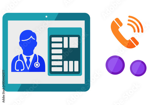 A tablet displays a doctor's icon during a telehealth consultation. A phone icon represents a call, symbolizing remote healthcare. Modern, clean design.