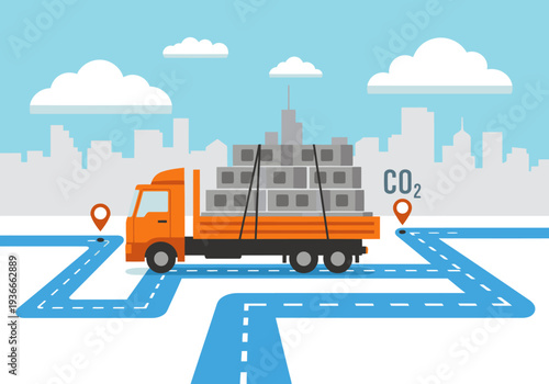 A truck delivers blocks of CO2, illustrating logistics and supply chain. Modern, flat design with a city skyline backdrop. Ideal for business and transportation visuals.