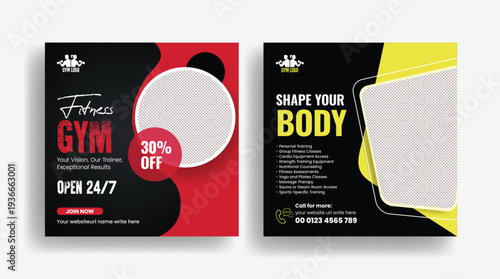 Modern sport training and gym fitness marketing template bundle with workout promotion social media posts, square flyer posters, banner ads and web banner advertising layouts