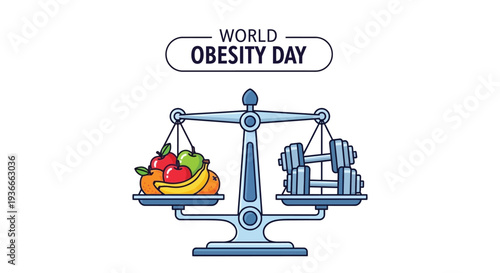 World obesity day awareness vector illustration with balanced scale comparing healthy fruits and exercise equipment effectively