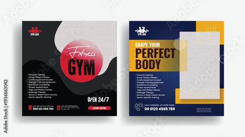 gym fitness workout promotional pack including social media post template, square flyer poster design, web banner ads and marketing layout for personal trainer fitness