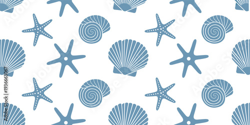 Nautical Seamless Pattern Featuring Various Seashells Scallop Shells and Starfish in Blue and White for Coastal Home Decor and Summer Textile Design.