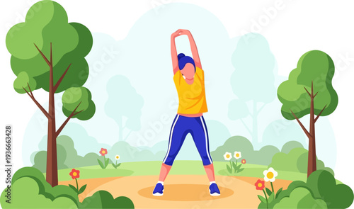 Active woman stretching her arms in a lush park
