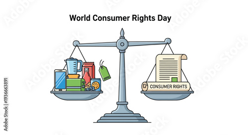 Vector graphic illustration of consumer rights day with scale balancing consumer goods and consumer rights document