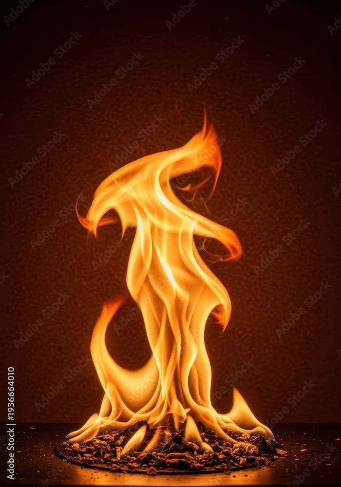 Fototapeta premium Dynamic close-up of vibrant fire rising fiercely against a rich, rustic brown backdrop. Powerful energy and burning heat concept, licking, texture, flame