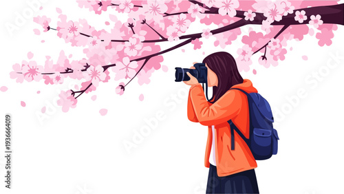 Backpacker woman taking photos of cherry blossoms with a professional camera